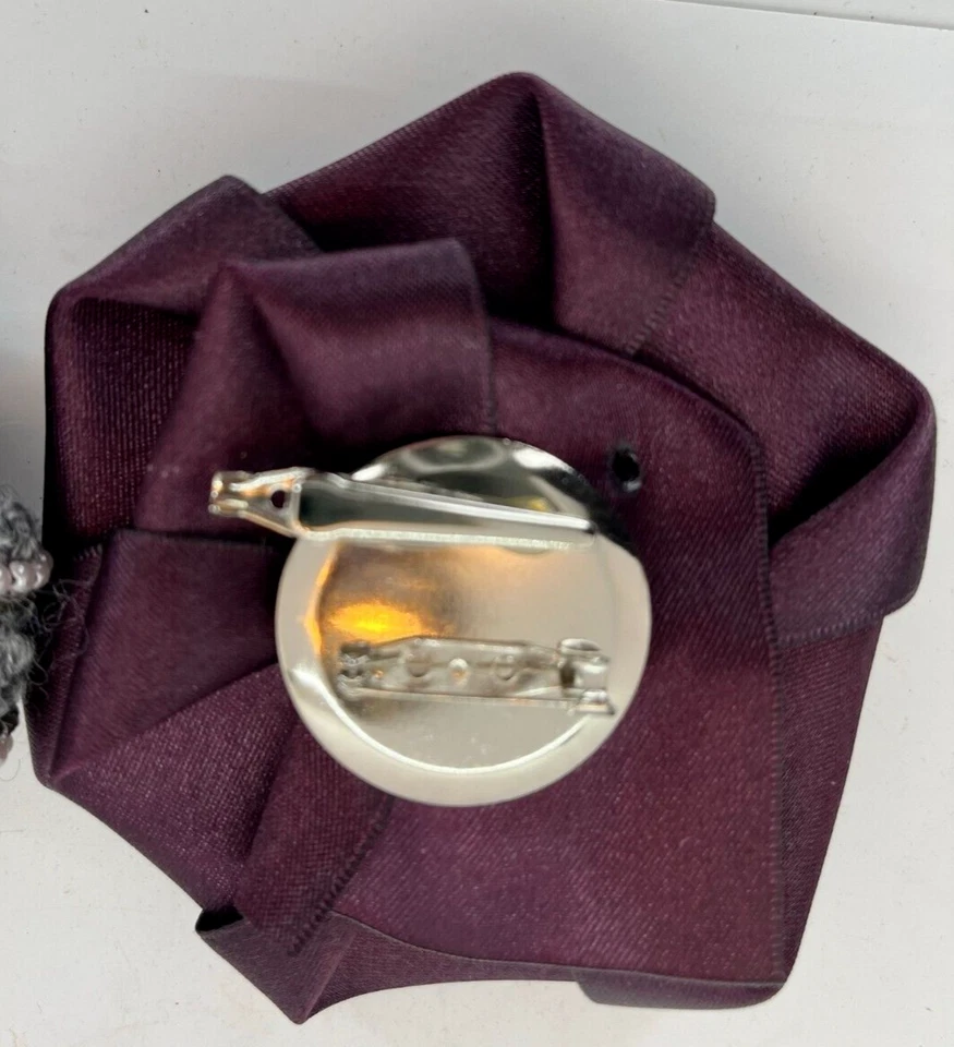 Deep Purple Satin Flower Brooch Pin, Scarf Cardigan, pin Accessories Hat Clip 4" - Image 4 of 4