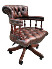 Klassischer Leder Bürostuhl, Englischer Chesterfield Drehstuhl Antik Braun Leder