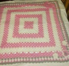 Handmade Crochet Baby Afghan Crib Blanket 35"x35" w/Hat Pink White Satin Ribbon