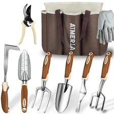 GARDENING TOOL SET 9 Pcs Durable Hand Tools With Large Garden Bag Brown Aimerla