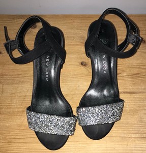 New Look Black & Silver Diamante Block Heel Strappy Sandals Size 1 Evening Shoes | eBay