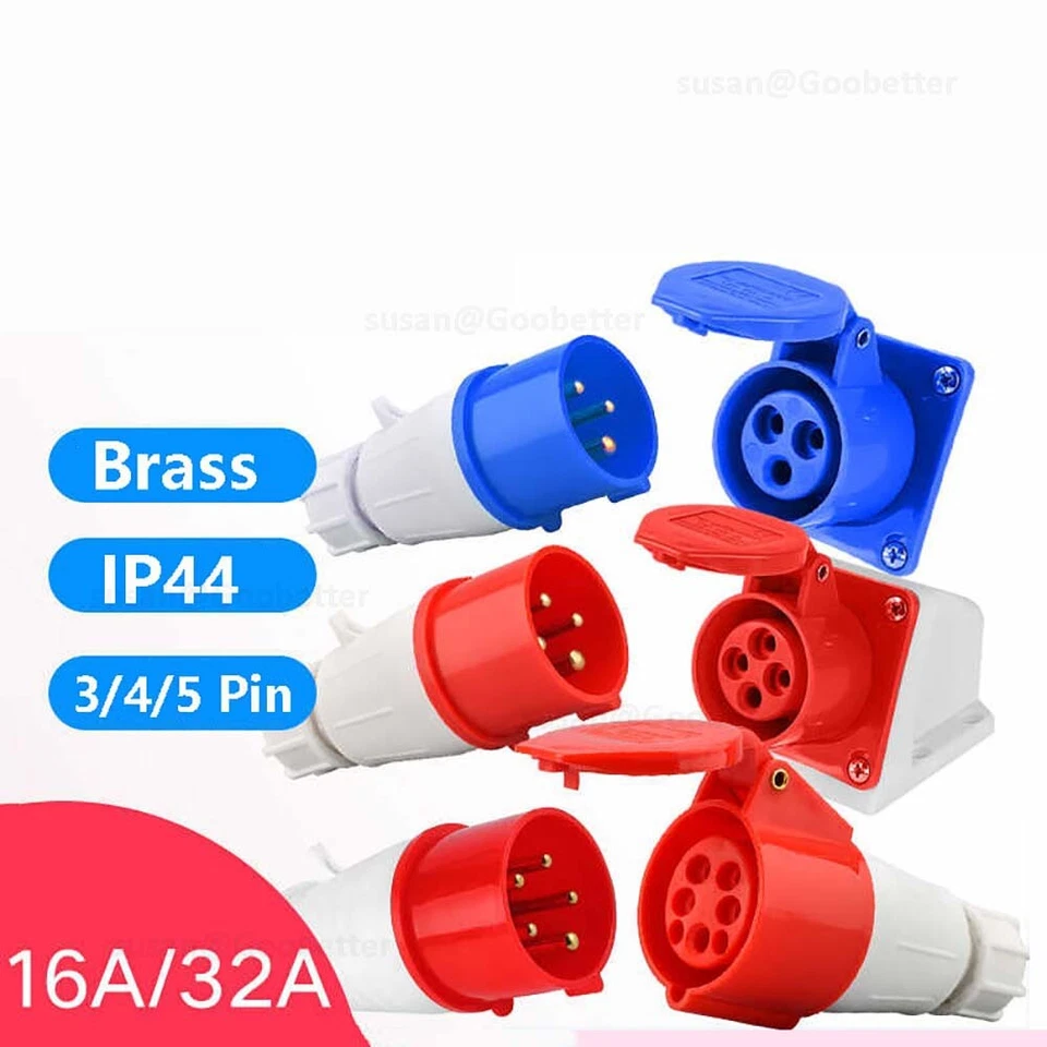 16A 32A 3/4/5 Pin Blue Industrial Plugs & Sockets Caravan Camping IP44 Hook-ups - Image 3 of 4