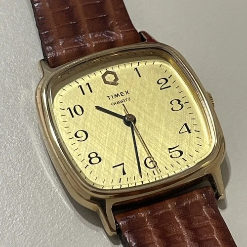 Vintage Timex Quartz Tank Gold Tone Cream Dial Near Mint Runs New Leather Band