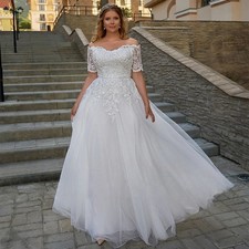 White/Ivoey Lace Appliques Wedding Dresses Short Sleeve Tulle Bridal Gown Custom