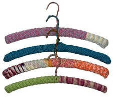 Vintage Hand Crocheted Wooden Hangers Metal Hooks Colorful Lingerie Sweaters