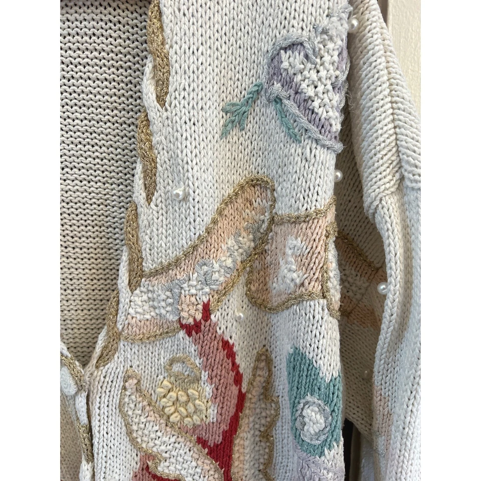 Stitches In Time Angel Cardigan 3X Ramie Cotton Knit Embroidered Cottagecore - Image 3 of 4