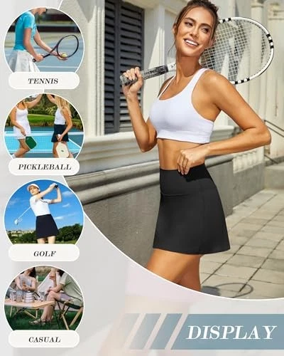 Womens Tennis Skort with Pockets Medium High Waist Black Mini Golf Skirt