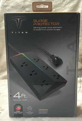 NEW Titan 6-Outlet 4ft. Multicolor LED Surge Protector with Braided Cord, Black