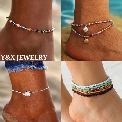 Boho Gold Plated Beaded Foot Anklets Multilayer Bracelets Beach