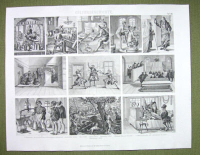 16th C LIFE Trades Barber Doctor Fencing Scribe Bear Hunt School - 1870 Print