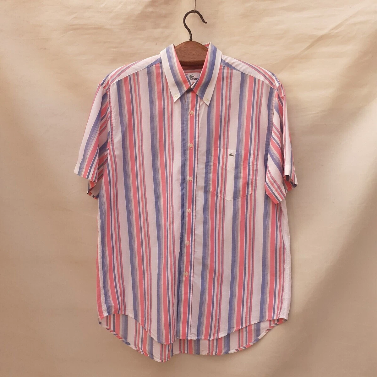 Lacoste Striped shirt Men s Large Size 42 Pink Blue Button up Made In Spain