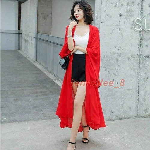 Damen Transparent Chiffon Kimono Lange Jacke Cardigan Schal Achselzucken Bolero Sommer Strand - Bild 14 von 25