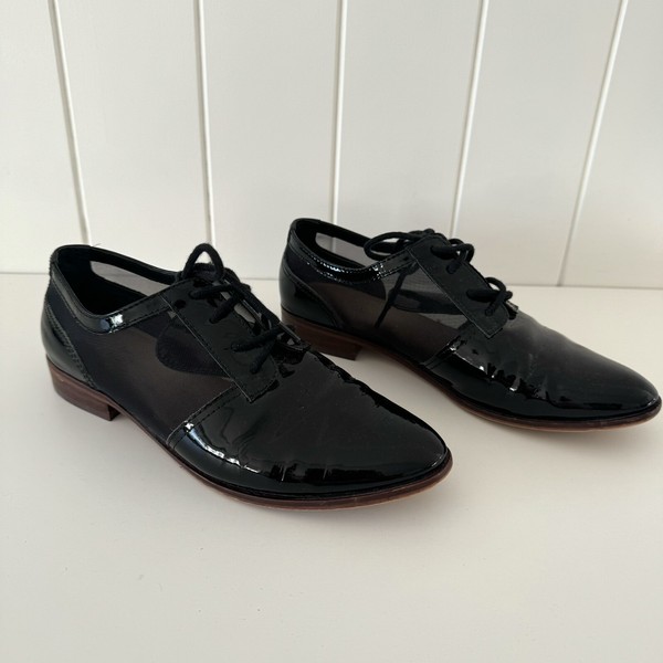 Wittner Lace Up Brogue Shoes Size 37 Black Patent Leather Mesh Flat HEKTOR
