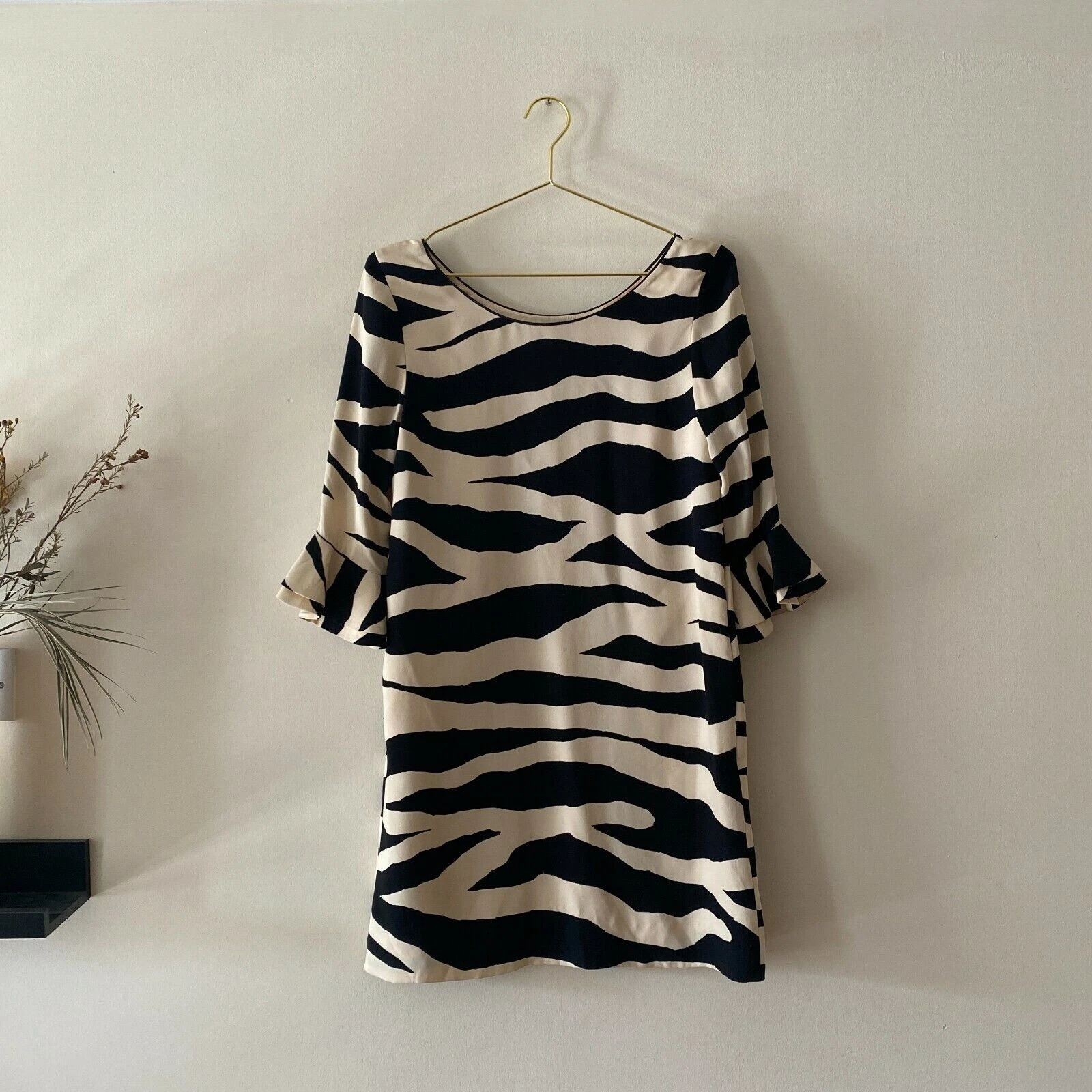 Abito Kate Spade seta crema zebra nera stampa a righe Andora manica flauto UK 8