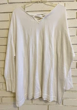 H by Halston Crisscross V-Neck Pullover Long Sleeve Sweater-White-Size 1X
