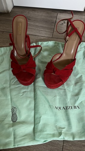 Aquazzura Red Suede Platform Ankle Strap Buckle Bow Open Toe Sandals US 9