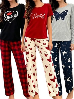 Damen Schlafanzug Damen Pyjama Set Mehrfachdruck Lang Kurzarm Jersey 3er Set