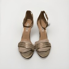 Nina New York Silver Metallic And Braided Pattern Beaded Open Toe Heels