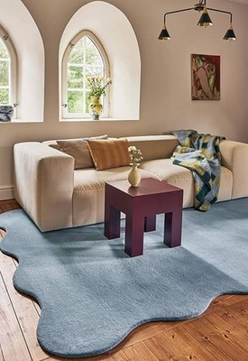 Modern Hand Tufted Irregular Shape Rug -Dusty Blue Minimalist Wool Rug - Organic