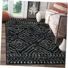 Moroccan 3x5 Rug, Black Washable Small Rug for Bedroom, Non-Slip Geometric