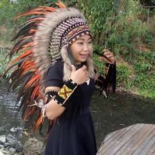 Medium Orange Feather Indian Warbonnet Hat Halloween Cosplay