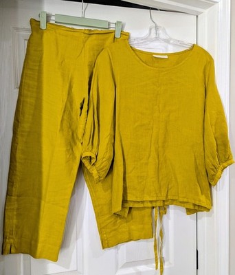 Bryn Walker Mustard Gold Linen Top & Pants Crop Size Extra Small 