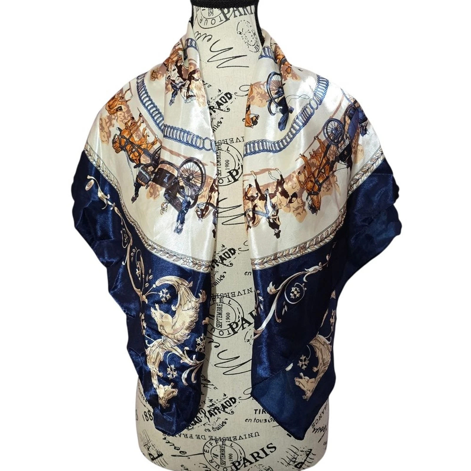 Elegant Silk Navy and Cream La Promenade De Paris Horses Scarf