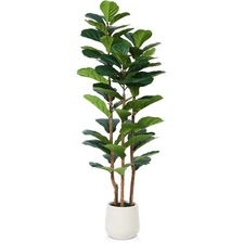 Artificial Fiddle Leaf Fig Tree with White Planter,5ft Tall Fake Tree with Na...