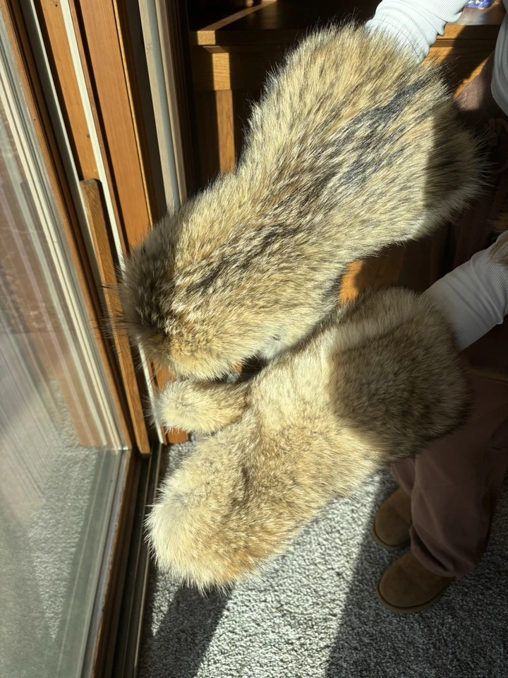 Authentic Coyote Fur Mittens with Sherpa Liners. Size Large. Very Warm! New - Image 2 of 4