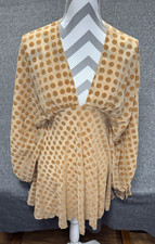 Asos Dress Women 4 Tan Sheer Lined Polka Dot Balloon Sleeve V Neck Zip Velvet