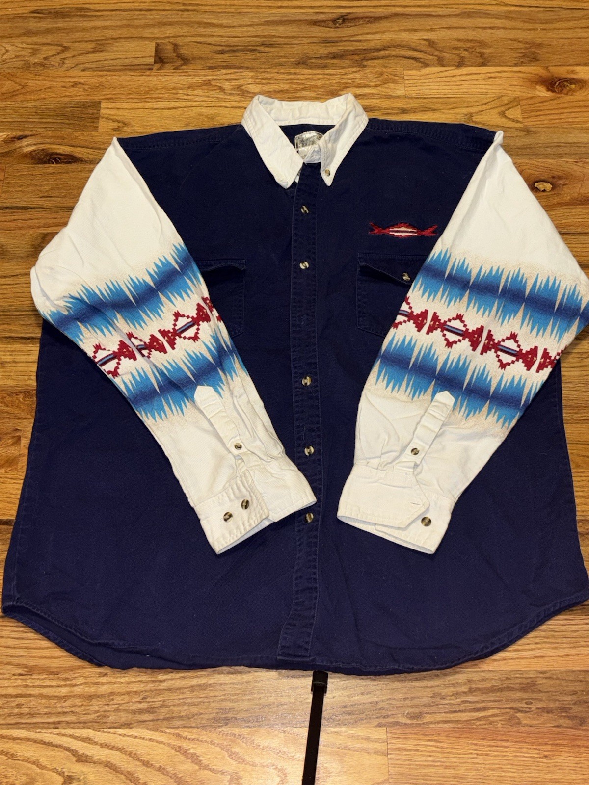 Vintage Express Rider Western Shirt XL Vintage Aztec Southwest Blue/White Twill