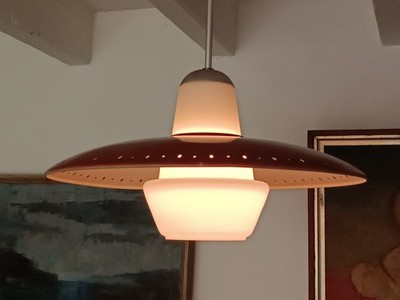 Vintage seltene rote Mid Century Louis Kalff für Philips Pendelleuchte Deckenleuchte 50er