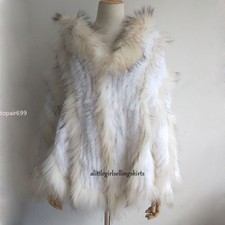 Women Real Rabbit Fur Poncho with Hood Plus Size Hooded Fur Knitted Cape Real