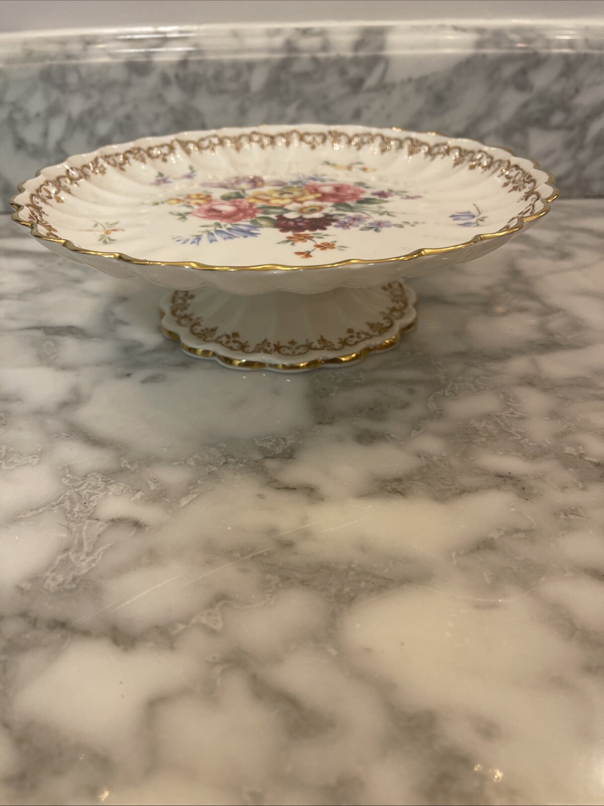 VINTAGE CROWN STAFFORDSHIRE ENGLAND'S BOUQUET CAKE PLATE COMPOTE 8.25 INCHES