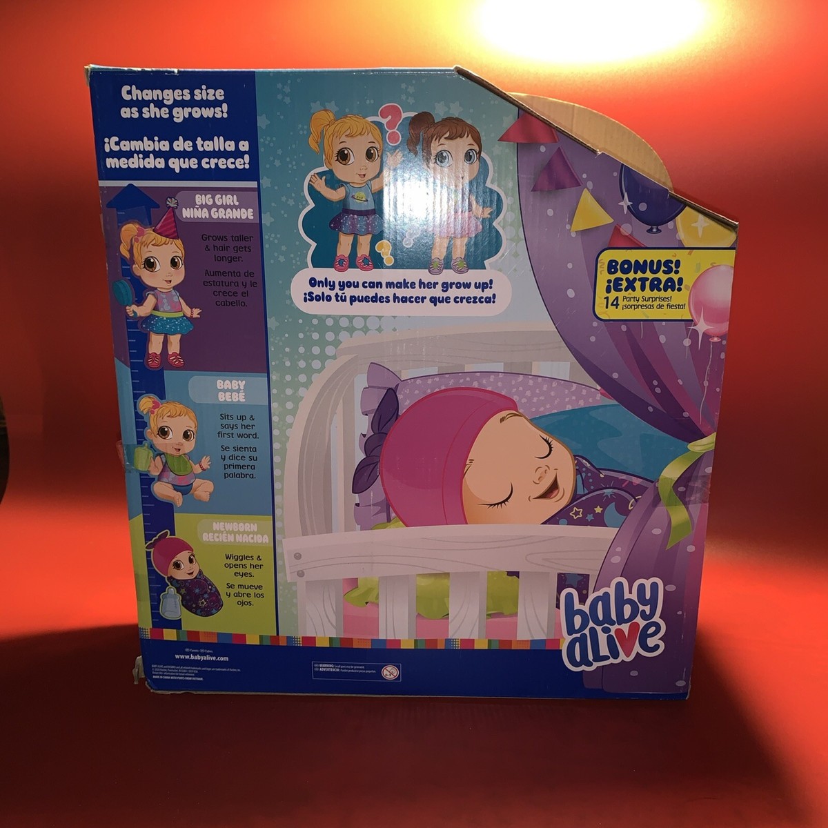 Baby Alive Baby Grows Speaks Spanish/English 14 Party Surprises 75+  Sounds