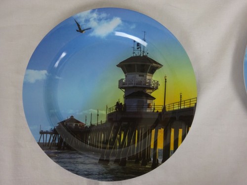Set of 6 Sand Surf & Sea Melamine Dinner Plates ~ Ocean Pier Scene ~ - Picture 3 of 5