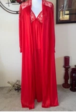 Red Lace Olga Esque Long Maxi Full Slip Robe Peignoir Lingerie Set Dressing Gown