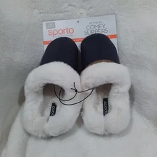 Size 9-10 Women's Sporto Rachel Comfy Navy Faux Fur Lined Slip On Slippers