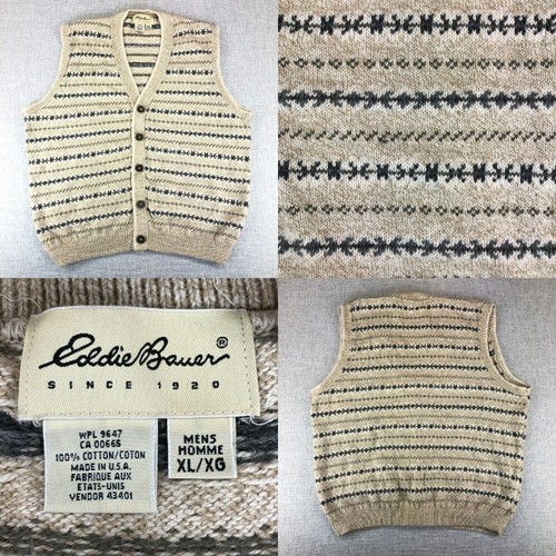 Vintage Eddie Bauer Cardigan Sweater Vest Mens XL Cotton USA Made Fair Isle Tan