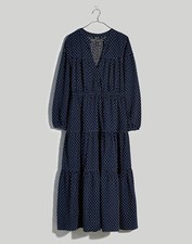 Madewell Dobby V Neck Tiered Dress Navy White Extra Small XS