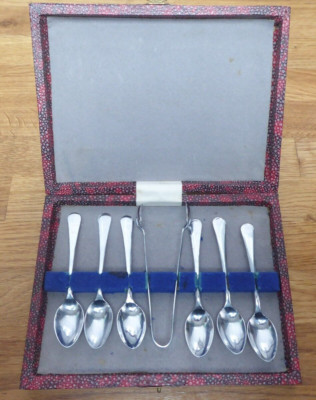 Vintage Box Set Edelstahl verchromt Teelöffel & Zange 7 Stück