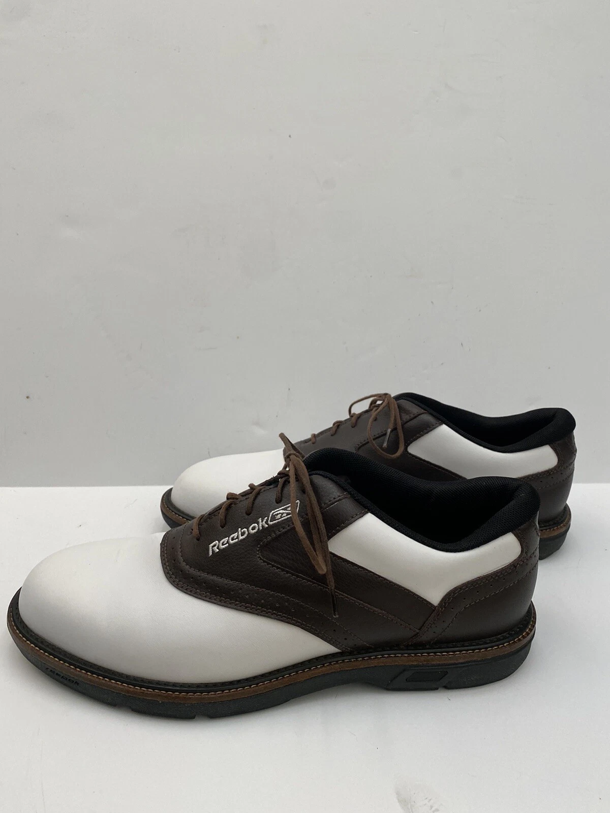 Scarpe da golf vintage REEBOK uomo Oxford marrone e bianco tacchetti stringati taglia 9 5 USA