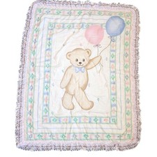 Vintage Baby Girl Quilt Blanket Lace Edge Teddy Bear Balloons Hand Stitched