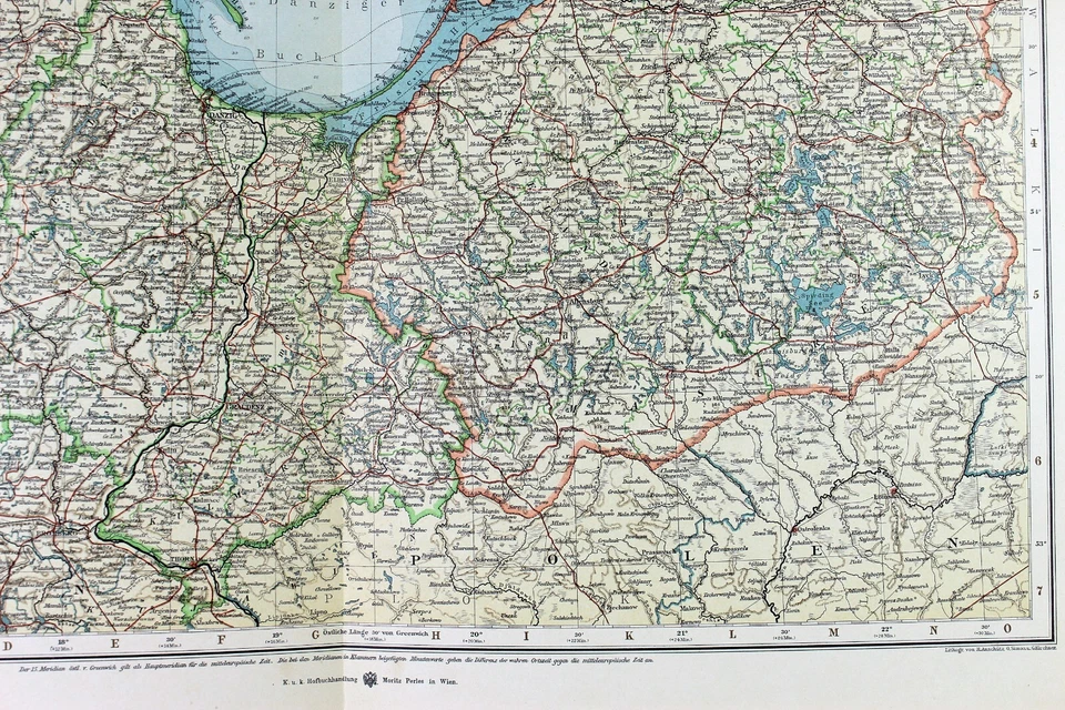 Mapa Alemán de Provincias de Prusia Occidental y Oriental 1898 Litografía en Color 18 x 23 Foto 3 de 3