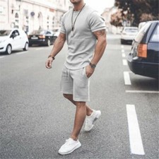 T Shirt Men Fashion Solid Gray Short Sleeve Grey Sport Suit T-Shirt Shorts SET