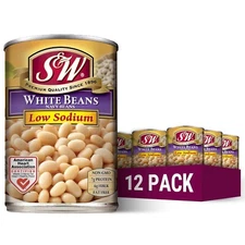 12 Pack) S&W Canned (Low Sodium) White Navy Beans, Gluten Free, Vegan, Fat Free.