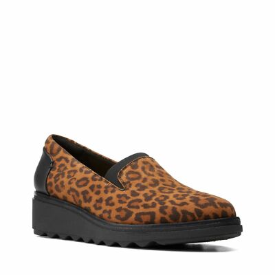 NEW Clarks Womens Sharon Dolly Brown Leopard Print Suede