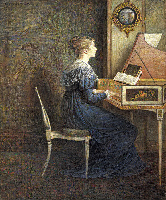AN OLD SONG WOMAN PLAYING PIANO 1874 PAINTING BY WILLIAM JOHN