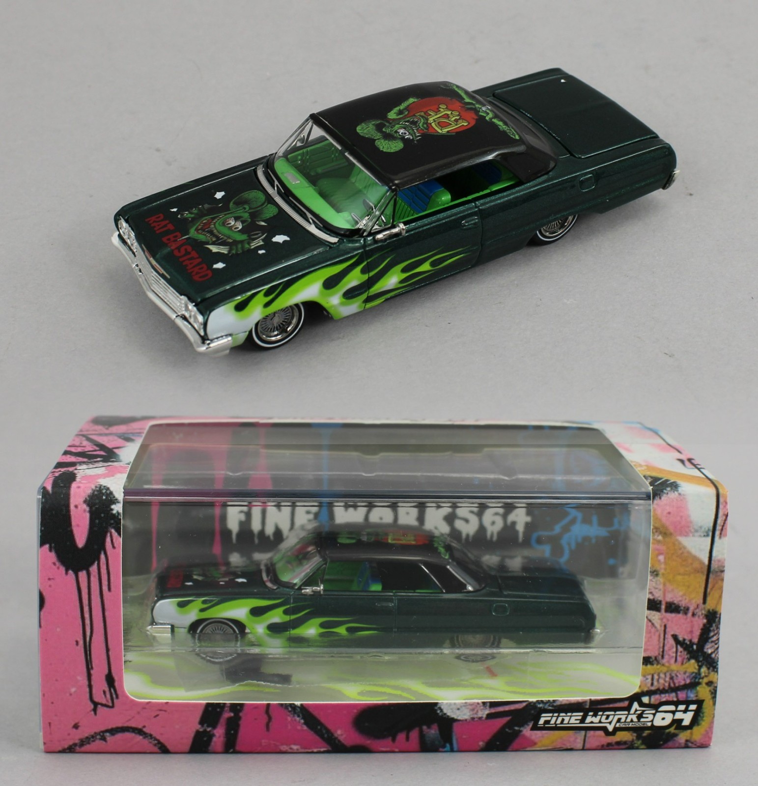 1:64 *FINE WORKS 64* RAT FINK Green w/Flames Chevrolet IMPALA *LOWRIDER ...