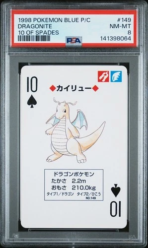 PSA 8 - Dragonite 10 of Spades #149 Pokemon Blue Poker Playing Card Vintage 1996